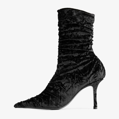 Simple Black Velvet Pointed Toe Spool Heel Pleated Sock Booties