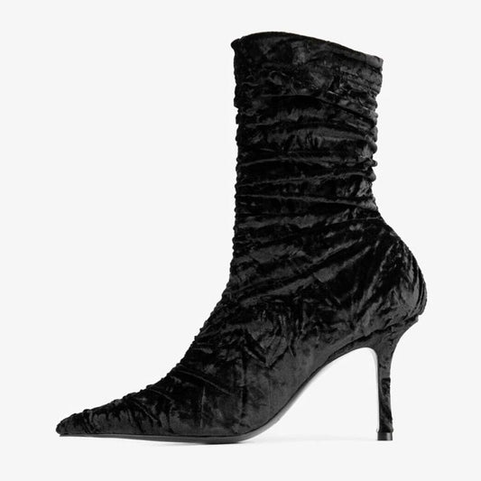 Simple Black Velvet Pointed Toe Spool Heel Pleated Sock Booties