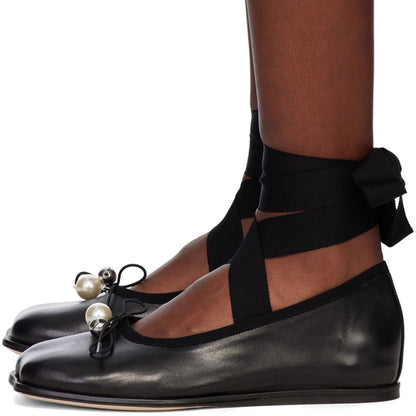 Black Square Toe Pearl Bow Decor Lace Up Ankle Strap Ballet Flats