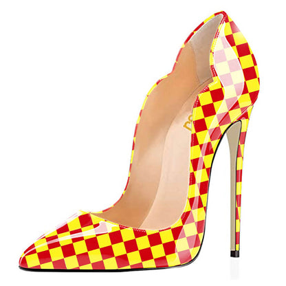 Yellow & Red Slip-On Checkered Printed Stiletto Heel Pumps for Women