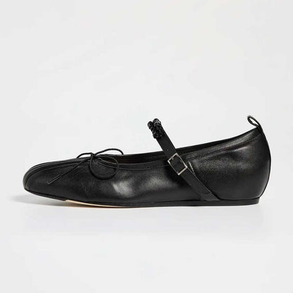 Black Bow Pleated Round Toe Ballet Flats with Beaded Buckle Strap