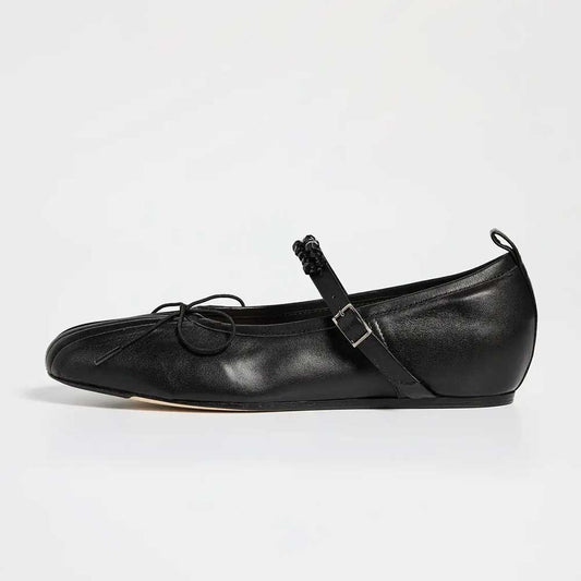 Black Bow Pleated Round Toe Ballet Flats with Beaded Buckle Strap