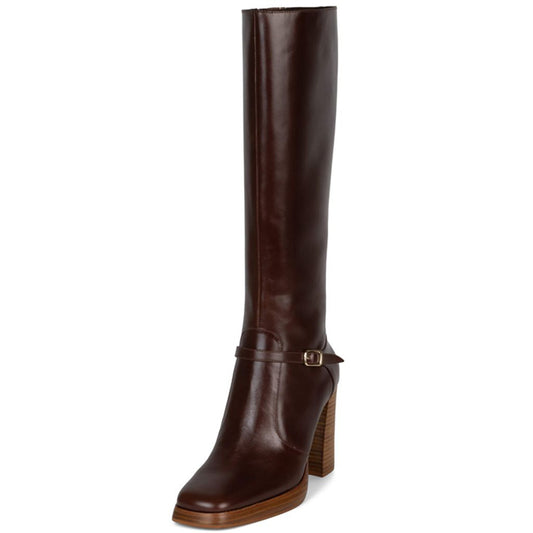 Brown Square Toe 4'' Block Heel Knee High Boots with Ankle Buckle