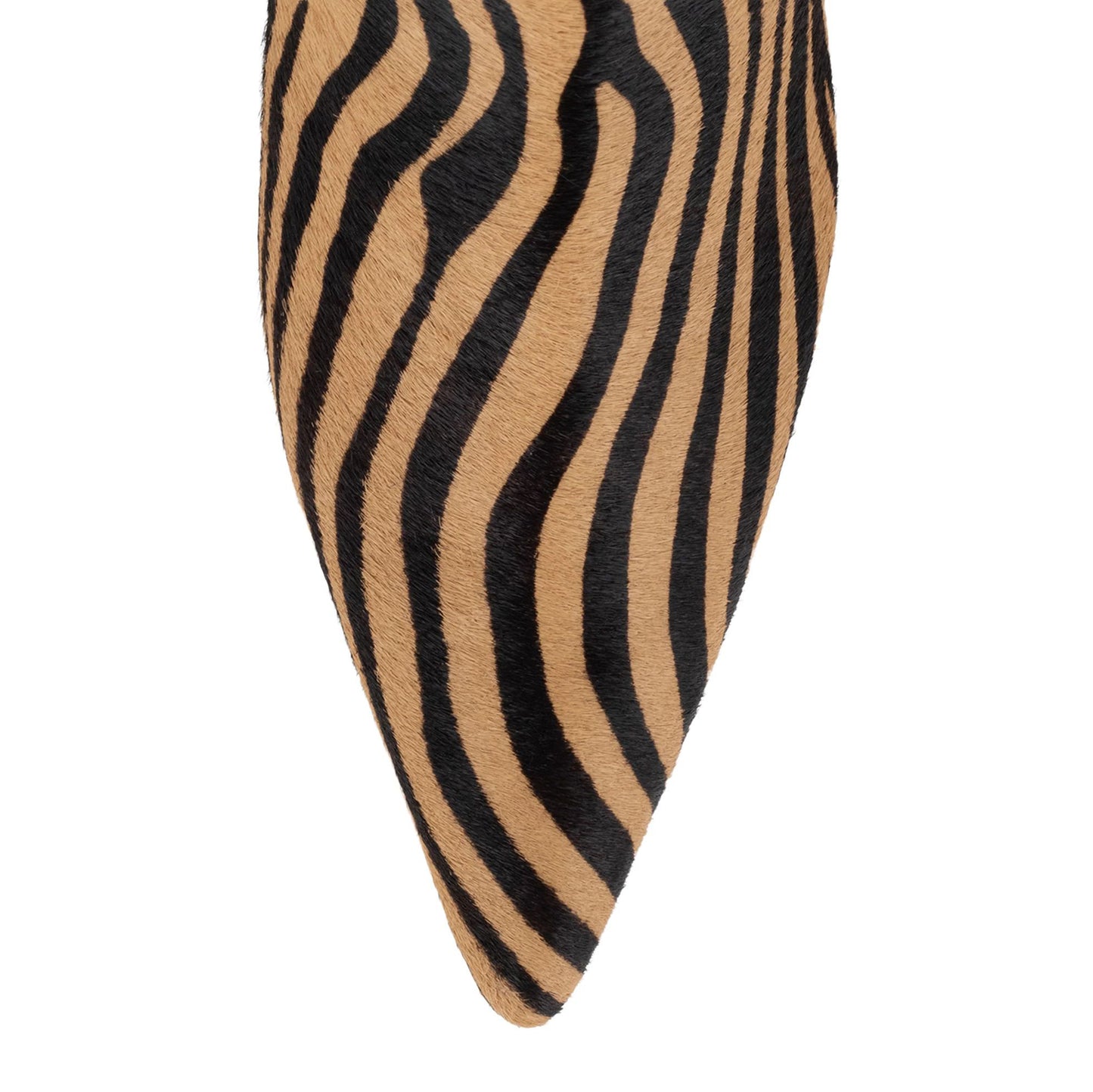 Tan & Black Zebra Printed Pointed Toe Cone Heel Knee High Boots