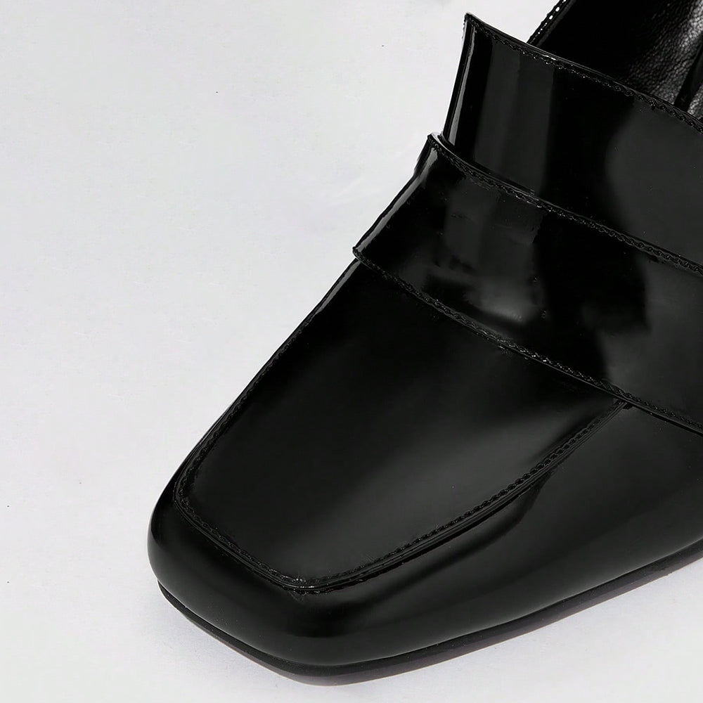 Black Patent Leather Closed Toe Chunky Loafers Women