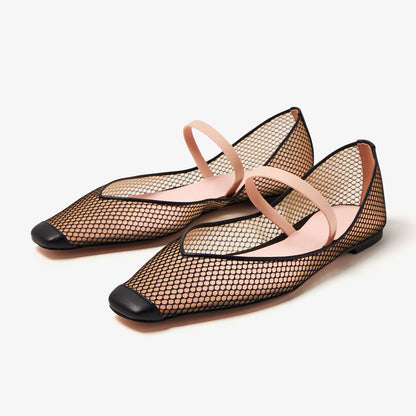 Black Square Toe Side Cut Design Perforated Mesh Flats with Strap