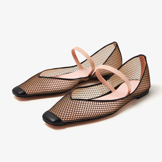 Black Square Toe Side Cut Design Perforated Mesh Flats with Strap