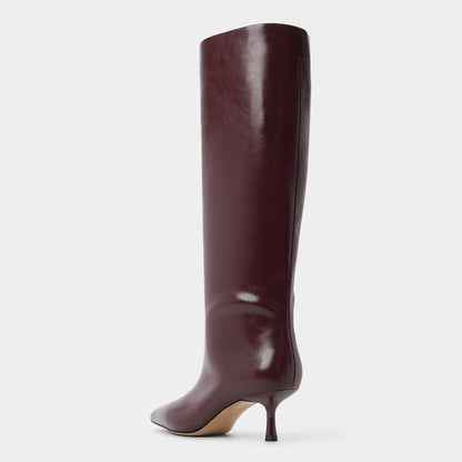 Vegan Leather Stiletto Heel Pointed Toe Knee High Boots in Burgundy