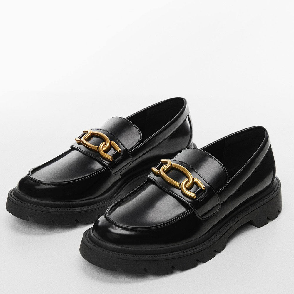 Black Patent Leather Round Toe Chunky Heel Slip-On Loafers
