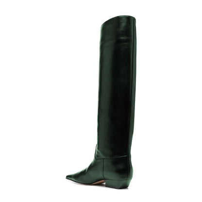 Green Pull-On Chunky Heel Knee High Boots for Women with Square Toe