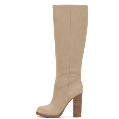 FSJ Nude Round Toe Vegan Suede Knee High Boots with Block Heel