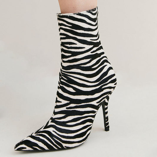 Women's Zebra Print Pointed Toe Stiletto Heel Fashion Ankle Boots