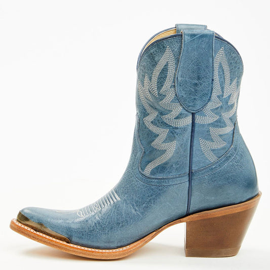 Blue Chunky Heel Pointed Toe Embroidered Western Ankle Boots