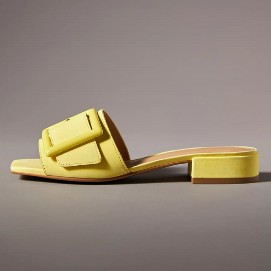 Yellow Square Toe Chunky Heel Buckled Wide Band Mules