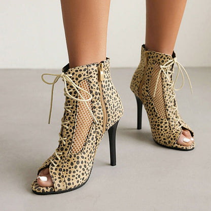 Beige Leopard Print Peep Toe 3'' Stiletto Heel Lace Up Ankle Boots