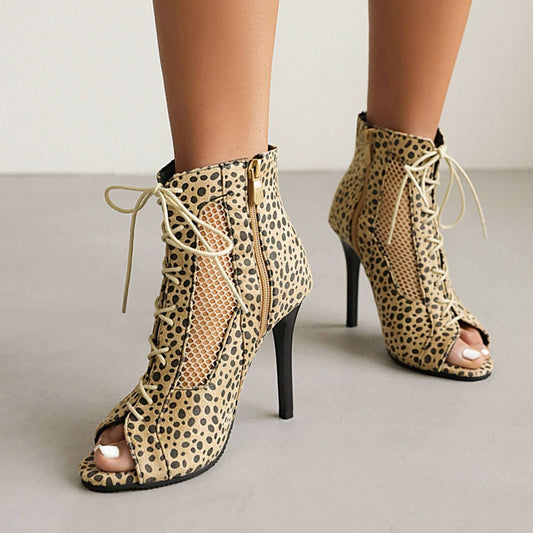 Beige Leopard Print Peep Toe 3'' Stiletto Heel Lace Up Ankle Boots