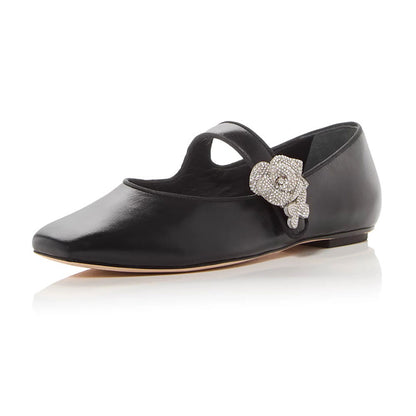 Black Square Toe Rhinestone Flower Strap Women's Dress Flats