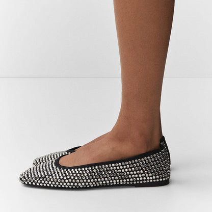 FSJ Black Round Toe Comfy Rhinestone Ballet Flats