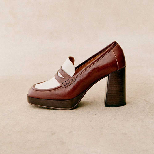 Brown & White Vegan Leather Square Toe Chunky Heel Platform Loafers