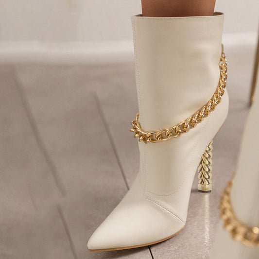 Women's Pointed Toe Gold Decorative Heel Chain Ankle Boots in White