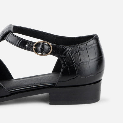 Black Vegan Leather Croc Embossed Round Toe T-Strap Cut-Out Flats