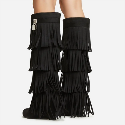 Black Vegan Suede Fringe Wedge Knee High Boots with Lock Decor