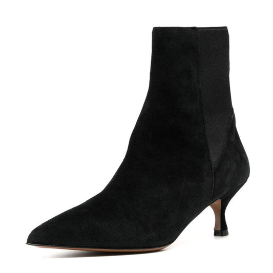 Black Vegan Suede Pull-On Pointed Toe Kitten Heeled Ankle Boots
