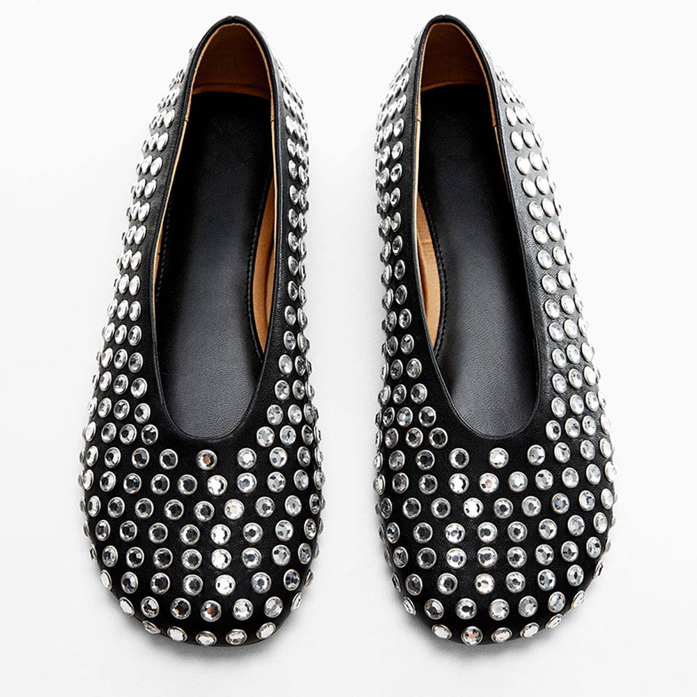 Women's Black Round Toe Rhinestone Embellishment Ballet Flats