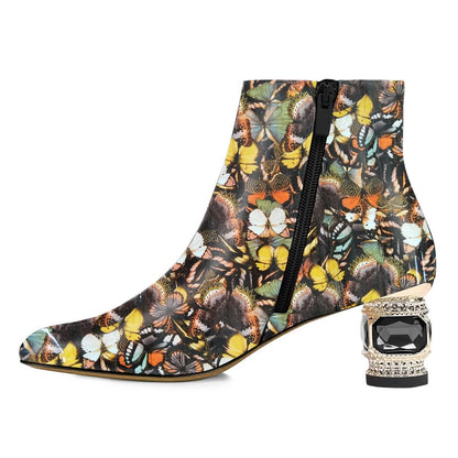 Women's Butterfly Print Closed Toe Decorative Heel Ankle Boots
