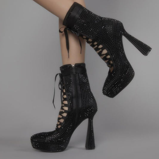 Black Rhinestone Platform Ankle Boots Cutout Lace-Up Heeled Booties