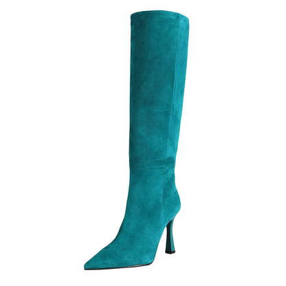 FSJ Teal Vegan Suede Pointed Toe Flared Heel Knee High Boots