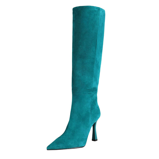 FSJ Teal Vegan Suede Pointed Toe Flared Heel Knee High Boots