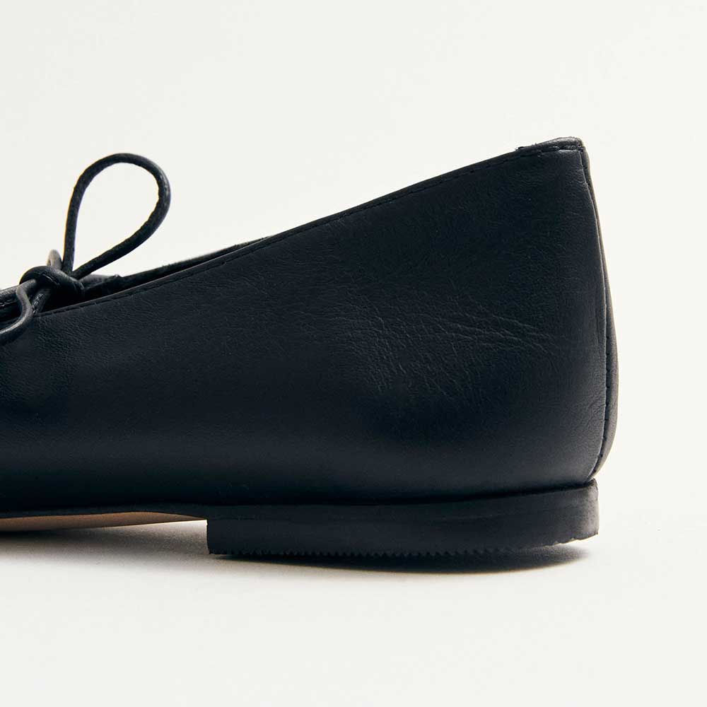 Black Vegan Leather Closed Square Toe Ballet Flats with Bow Straps