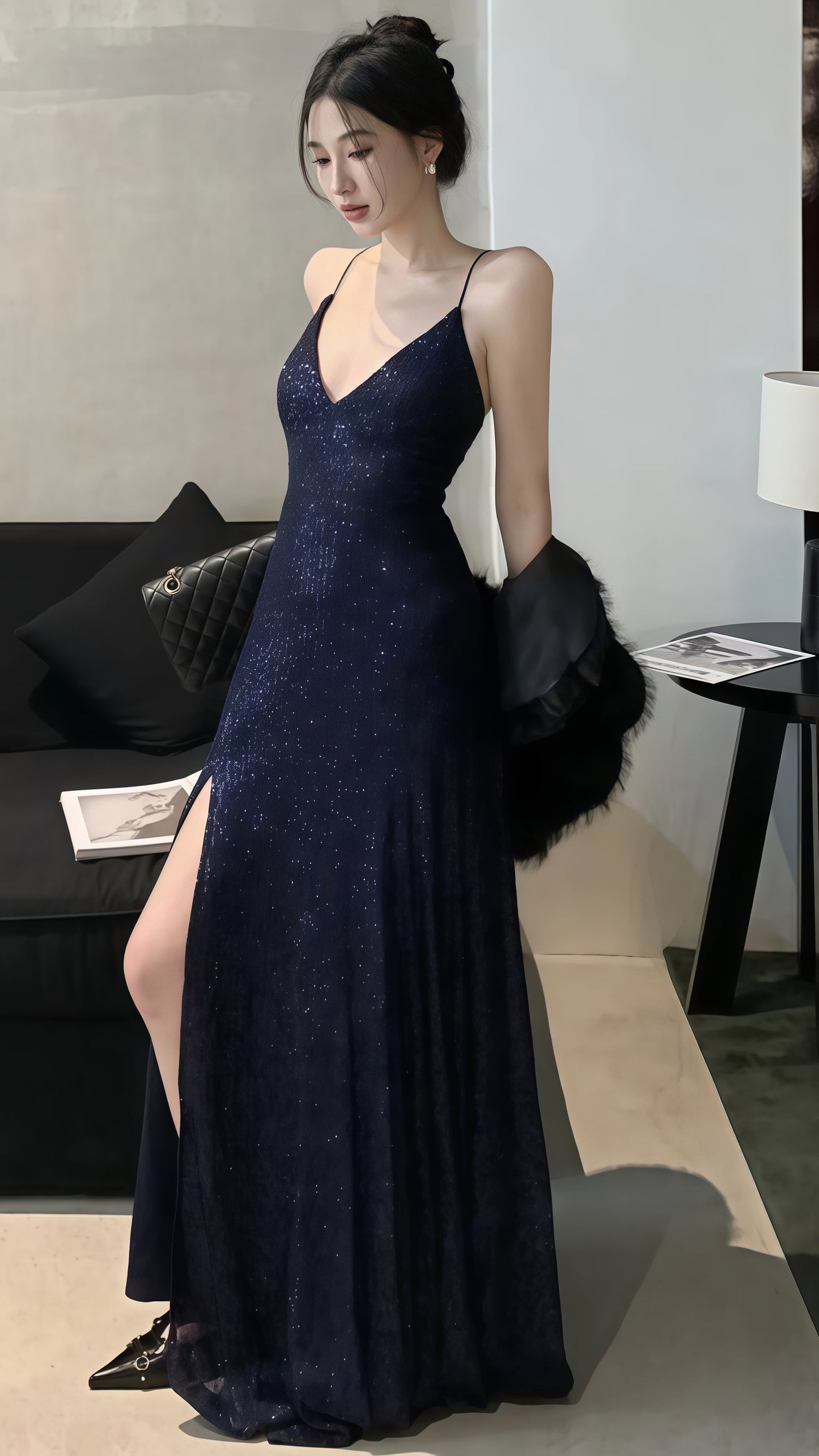Navy Blue Sequin Mermaid Prom Dress V-Neck Cross Back Long Evening Gown