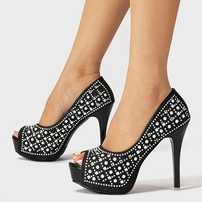 Women's Platform Stiletto Heels Elegant Peep Toe Rhinestone Pumps
