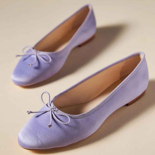 Light Purple Satin Round Toe Elegant Ballet Flats with Bow