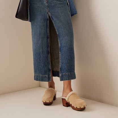 Beige Platform Mules Vintage Vegan Suede Block Heel Winter Clogs