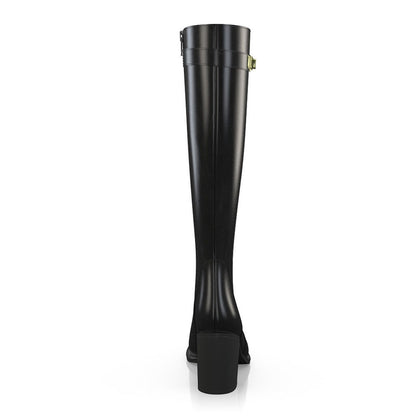 Black Round Toe Gold Metal Buckle Knee High Boots with Block Heels