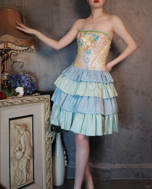 Retro Colorful Strapless Floral Design A-line Short Tiered Homecoming Dress TP4020