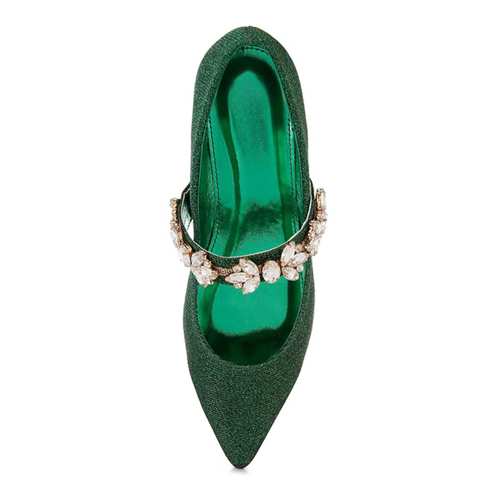 Green Glitter Pointed Toe Rhinestone Ballet Flats with Straps