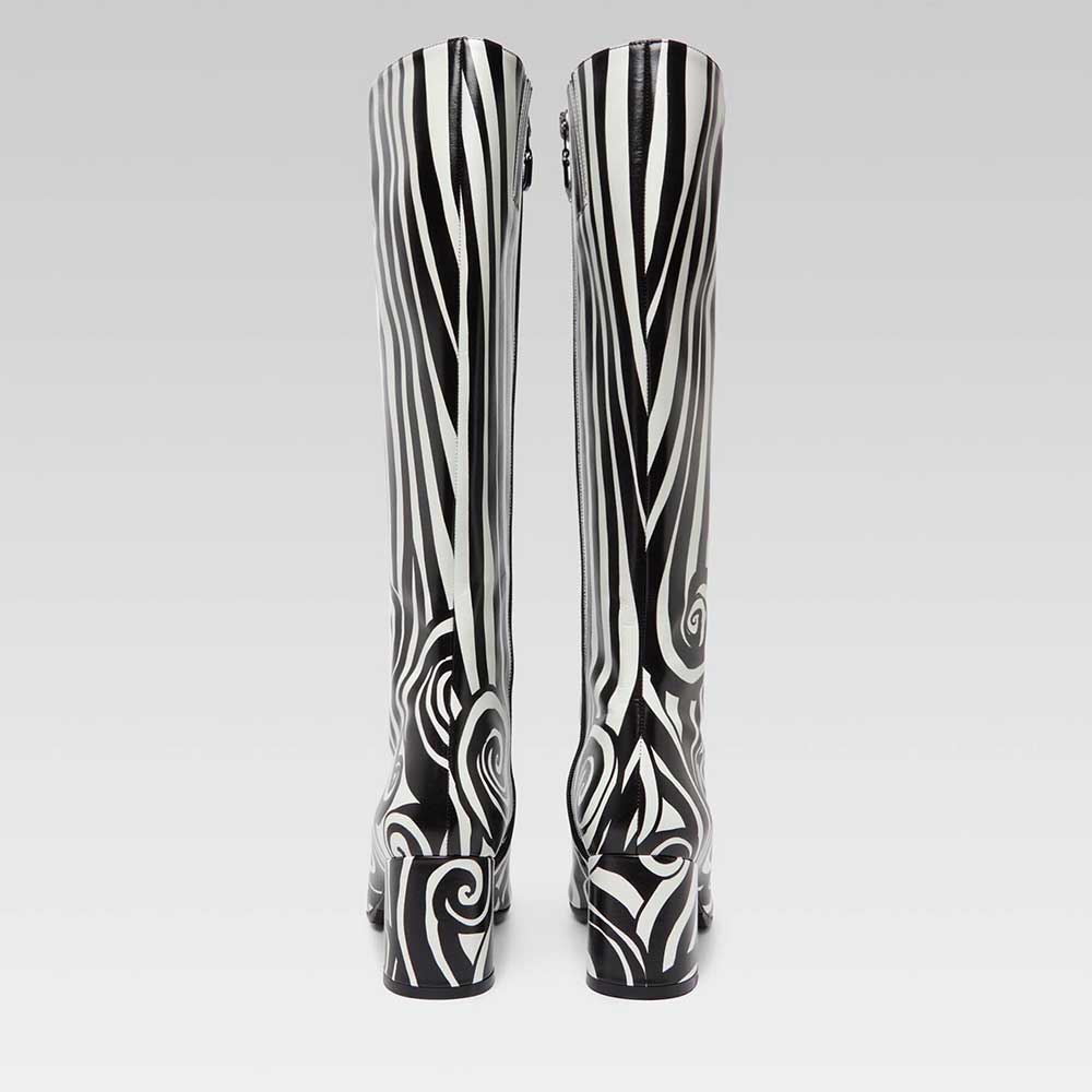 Black & White Square Toe Block Heel Knee High Boots with Side Zipper