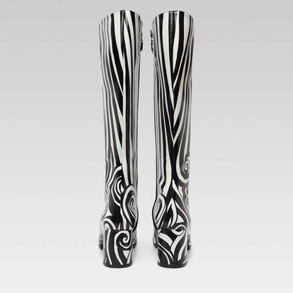 Black & White Square Toe Block Heel Knee High Boots with Side Zipper