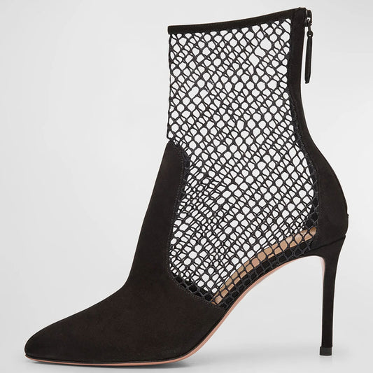 Black Mesh & Vegan Suede Pointy Toe Back-Zip Heeled Ankle Boots