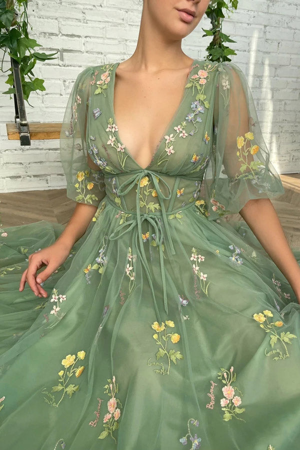 Elegant V Neck Green Tea Length Prom Dresses,WP372