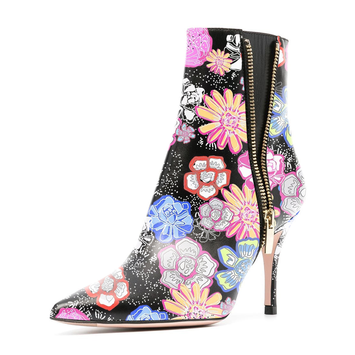 Black Floral Print Pointy Toe Side Zip Ankle Boots