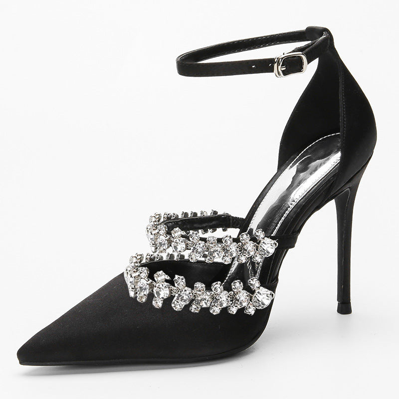 Women's Satin Pointed Toe Rhinestone Trim Ankle Strap Black Pumps