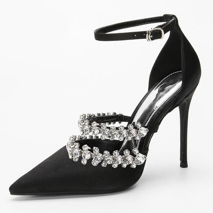 Women's Satin Pointed Toe Rhinestone Trim Ankle Strap Black Pumps