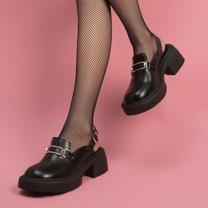 Women's Black Round Toe Metal Decorated Slingback Chunky Loafers