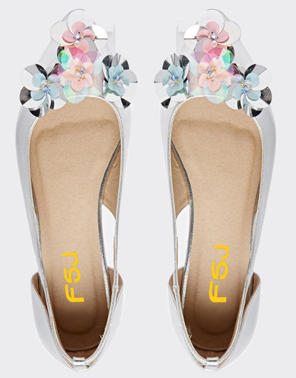 Silver Metallic Finish Pointed Toe Sequin Flower Wedding Flats