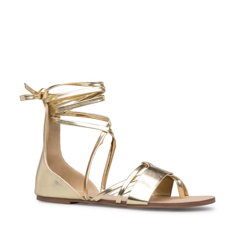 Metallic Gold Gladiator Sandals Open Toe Wrap Strappy Flats